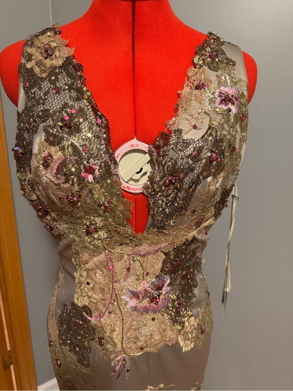 Julian Joyce by Mandalay Olive-Taupe Lace Appliqué Midi Dress with Pink Floral